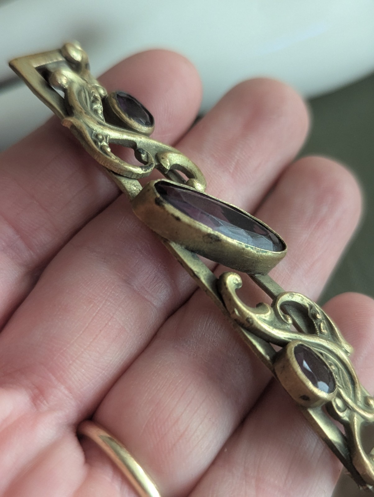 Edwardian Art Nouveau Gold Tone Floral brooch Faux Amethyst Stone Large C Clasp