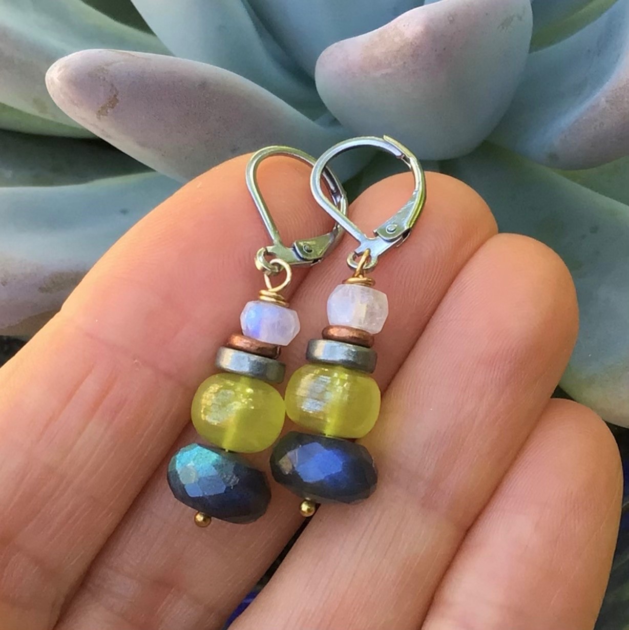 $130 SUNDANCE CHARM MOONSTONE LABRADORITE LEMON QUARTZ EARRINGS ARTISAN JEWELRY