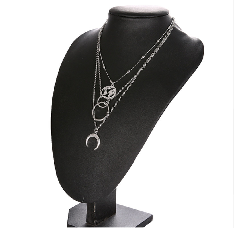 Women’s Layered Crescent Moon World Map Circle Pendant Necklace Silver Tone