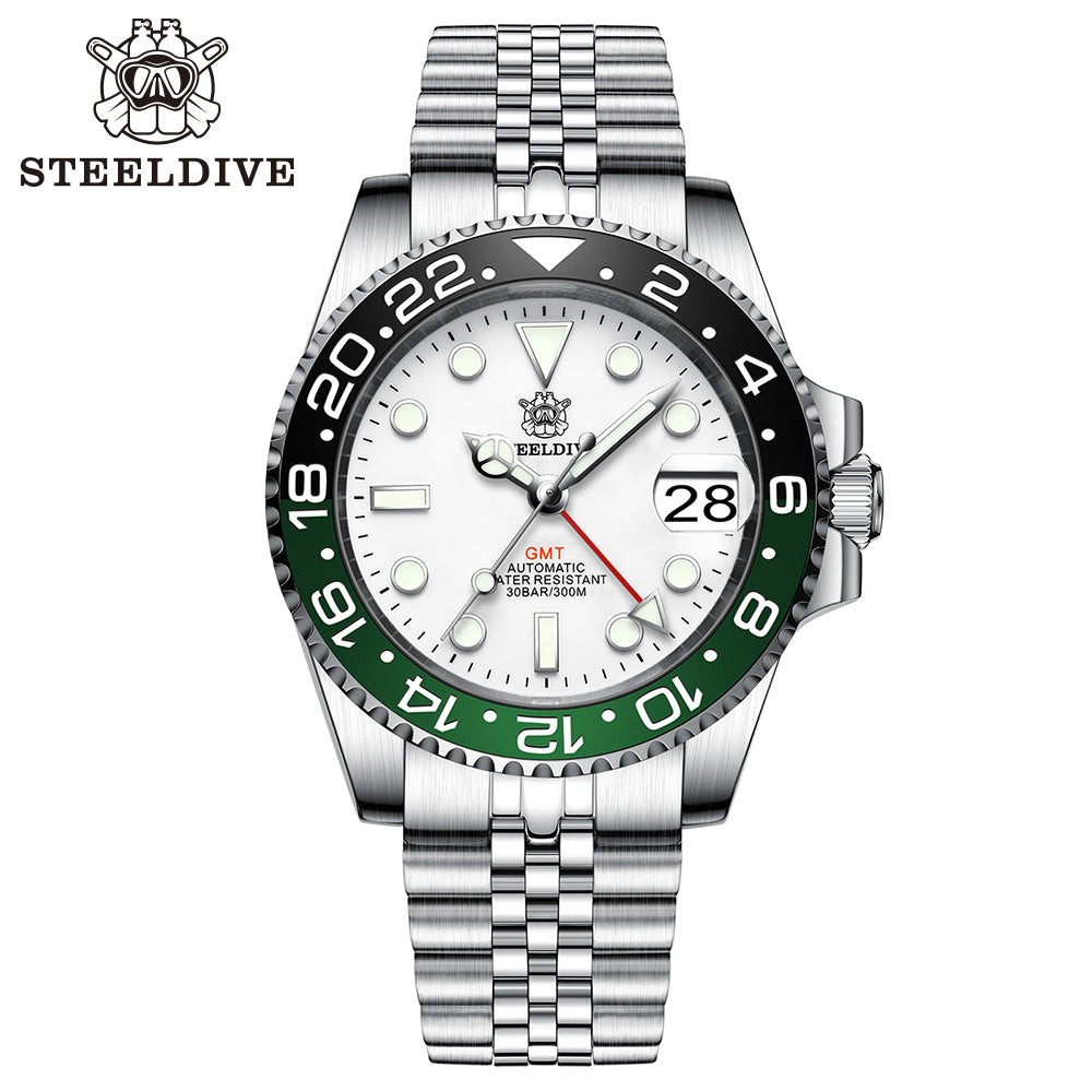 STEELDIVE SD1993 Mens GMT 300M Automatic Dive Watch Steel White