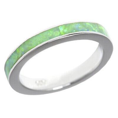 3mm Created Opal Ring Sterling Silver 925 Band Stack Eternity Lt Green Fire 5-10