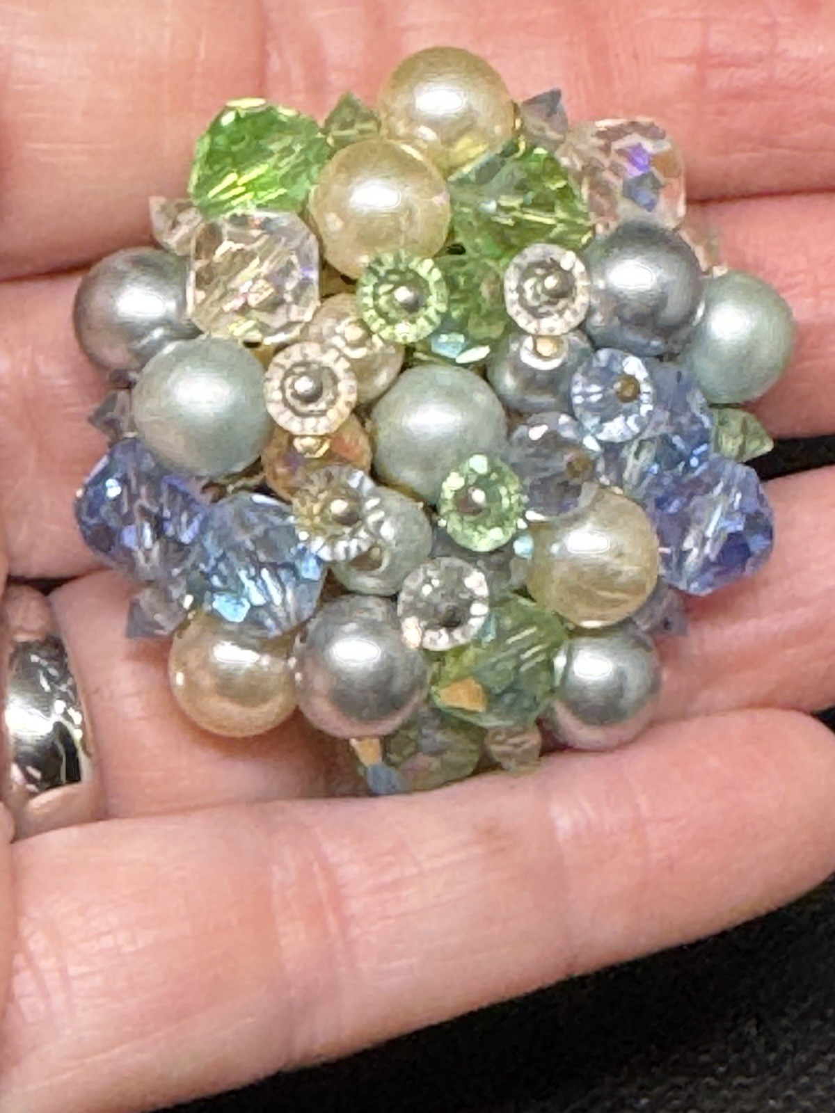 Vintage Pastel Beaded Cluster Brooch Faux Pearl Blue Green Crystal Spring Pin