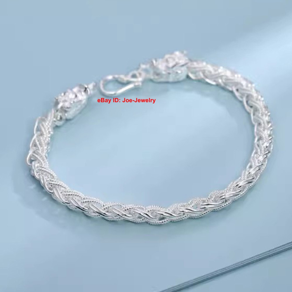 Pure 999 Fine Silver Bracelet Dragon Head and Wheat Link Chain Bracelet 7.1-7.9″
