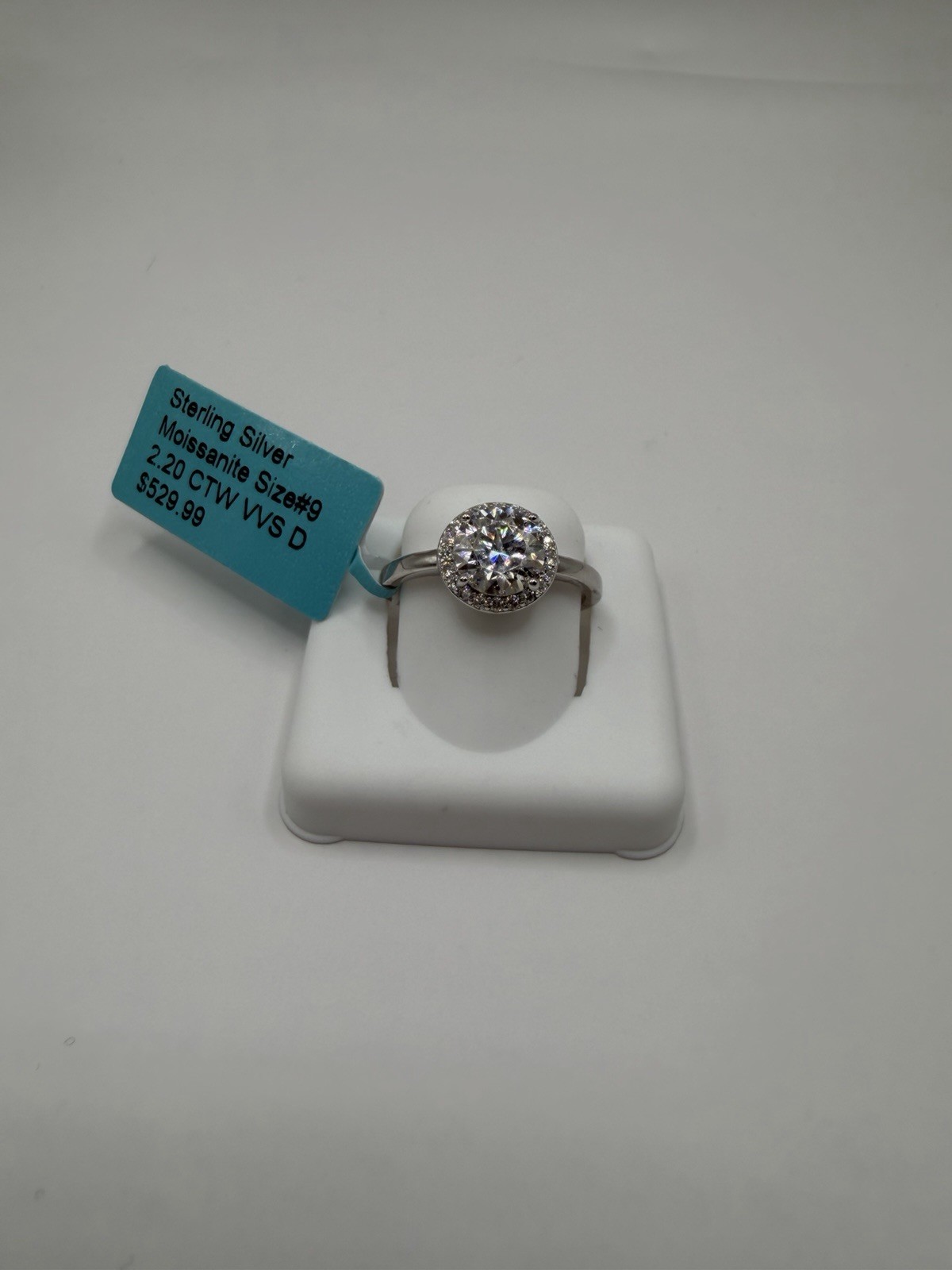 Stamped 925 Sterling Silver Moissanite Round Halo Solitaire Ring Size 9