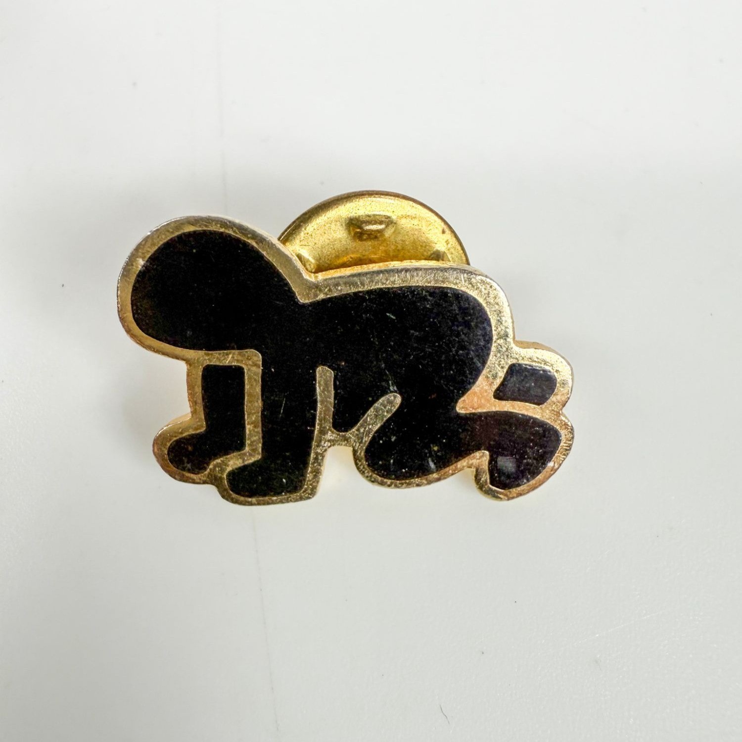 Keith Haring Radiant Baby Black Enamel Gold Tone Vintage Lapel Pin 1985