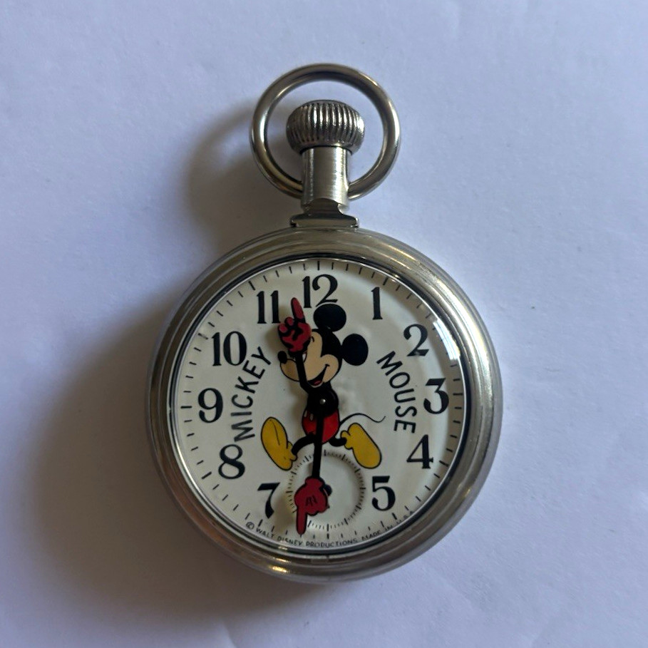 Disney Mickey Mouse Quartz Pocket Watch Silver Case White Dial Box Papers