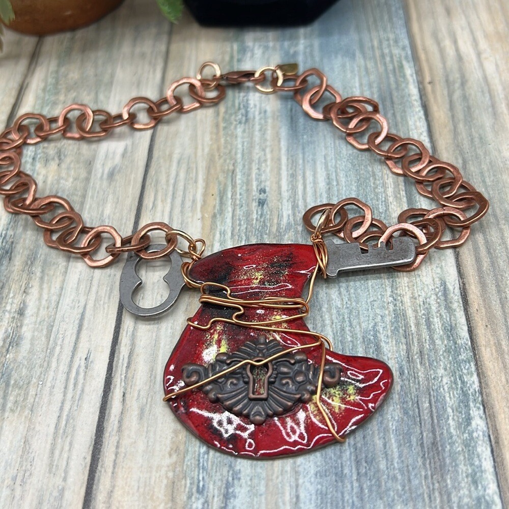 Adorned Crown Jewelry artisan assemblage key enamel keyhole copper necklace