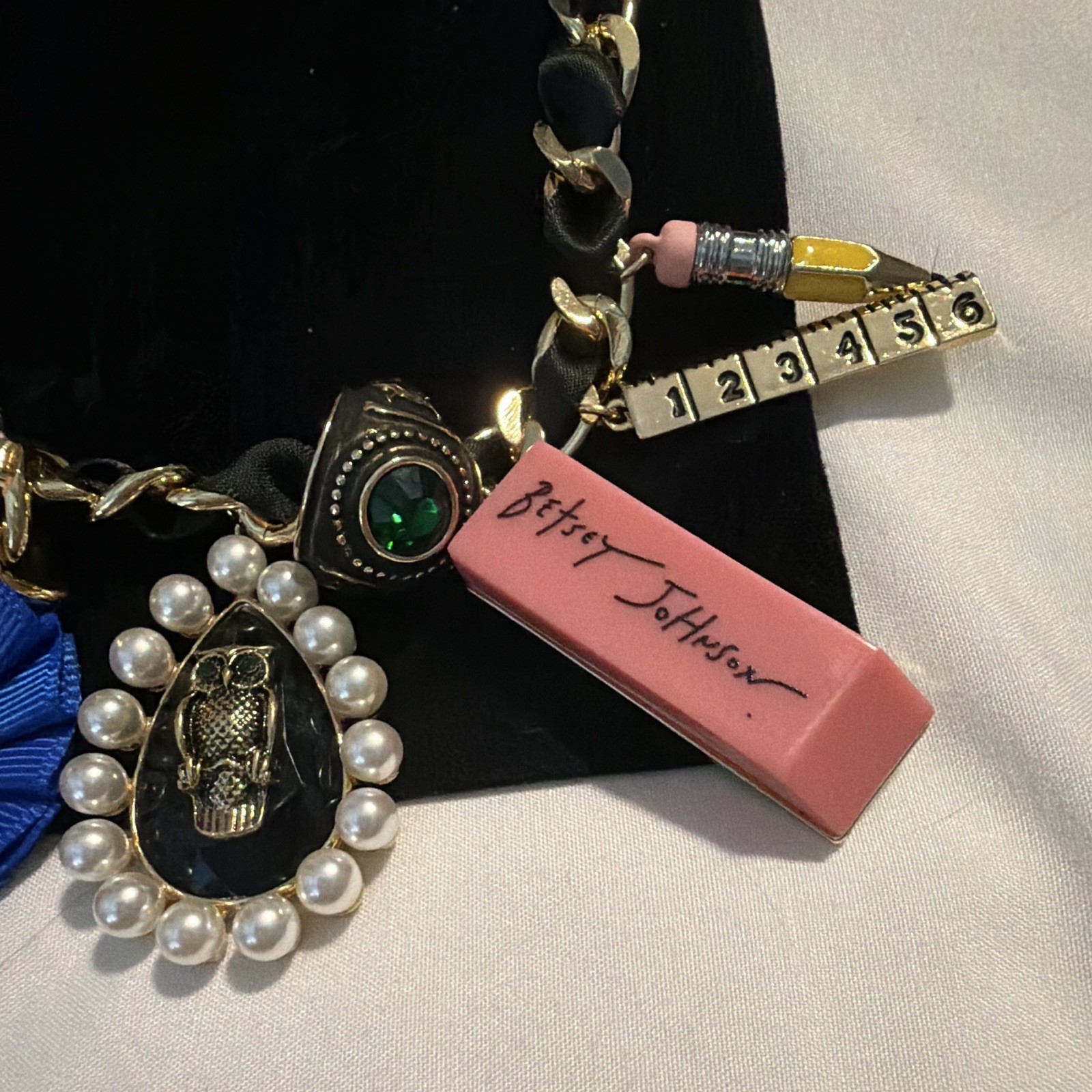 Betsey Johnson Gold Tone Charm School Necklace Black Ribbon Pearl Crystal