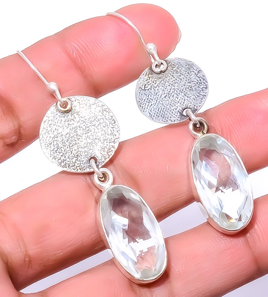 White Topaz Sand Paper Textured 925 Sterling Silver Handmade Earring 2.34″ T9
