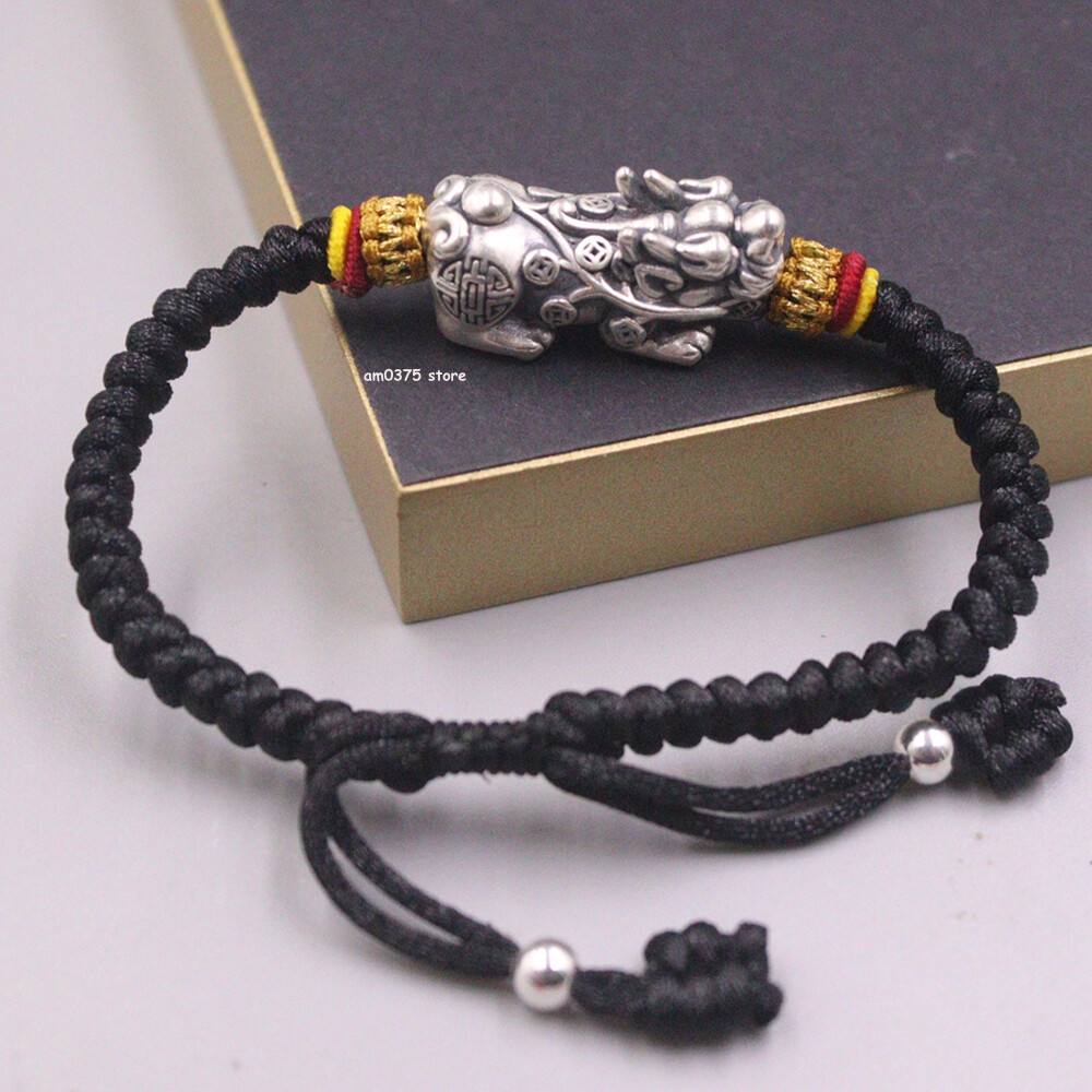 Real 999 Pure Silver Bracelet Women Men Dragon Pixiu Knitted Black String 6.5inL