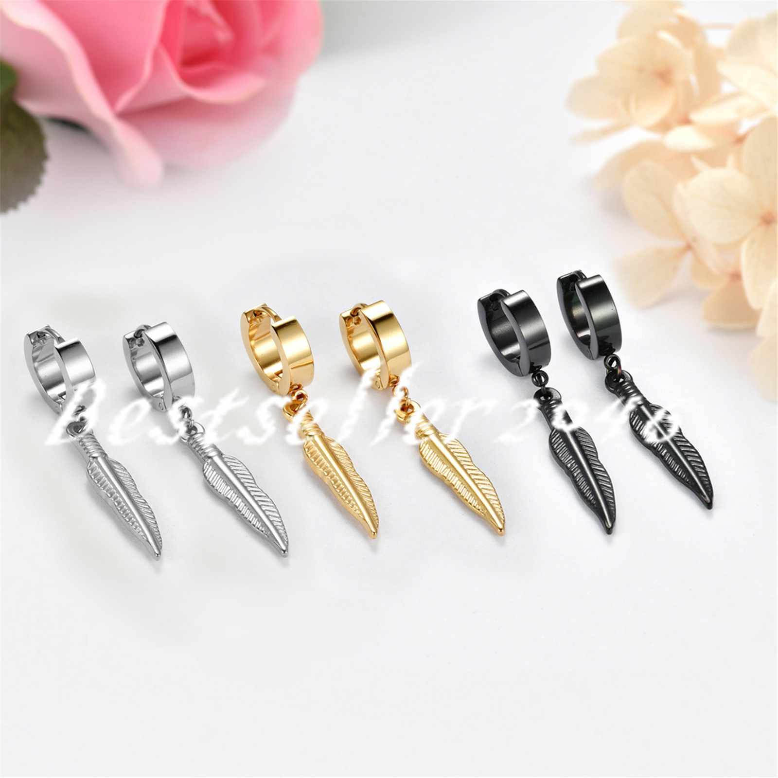 2pcs Men Women Stainless Steel Long Feather Dangle Hoop Huggie Earrings Studs