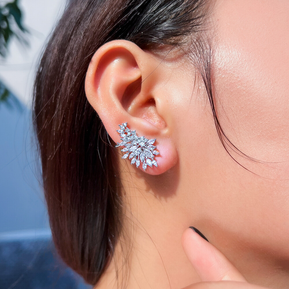 Silver Plated Symmetrical Cubic Zirconia Ear Cuff Climber Wedding Stud Earrings
