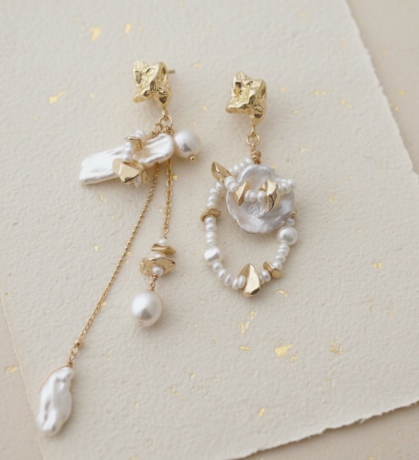 Anthropologie Pearl Hoop Mismatch Molten Earrings Nugget Gold Stud Bead Chain