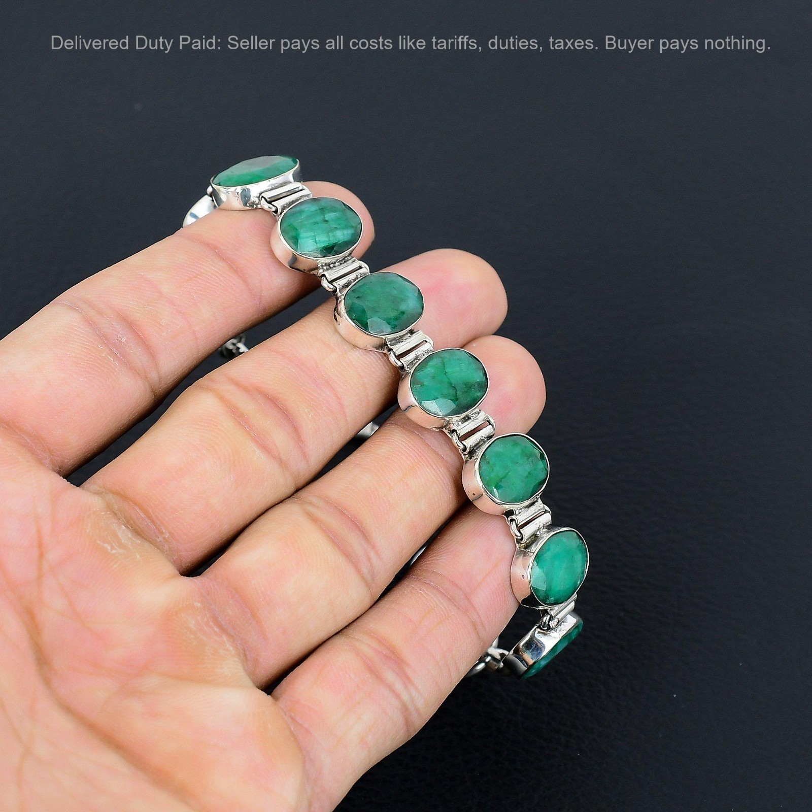 Black Friday Sale 925 Silver Oval Natural Zambian Emrald Chain Bracelet Jewelry