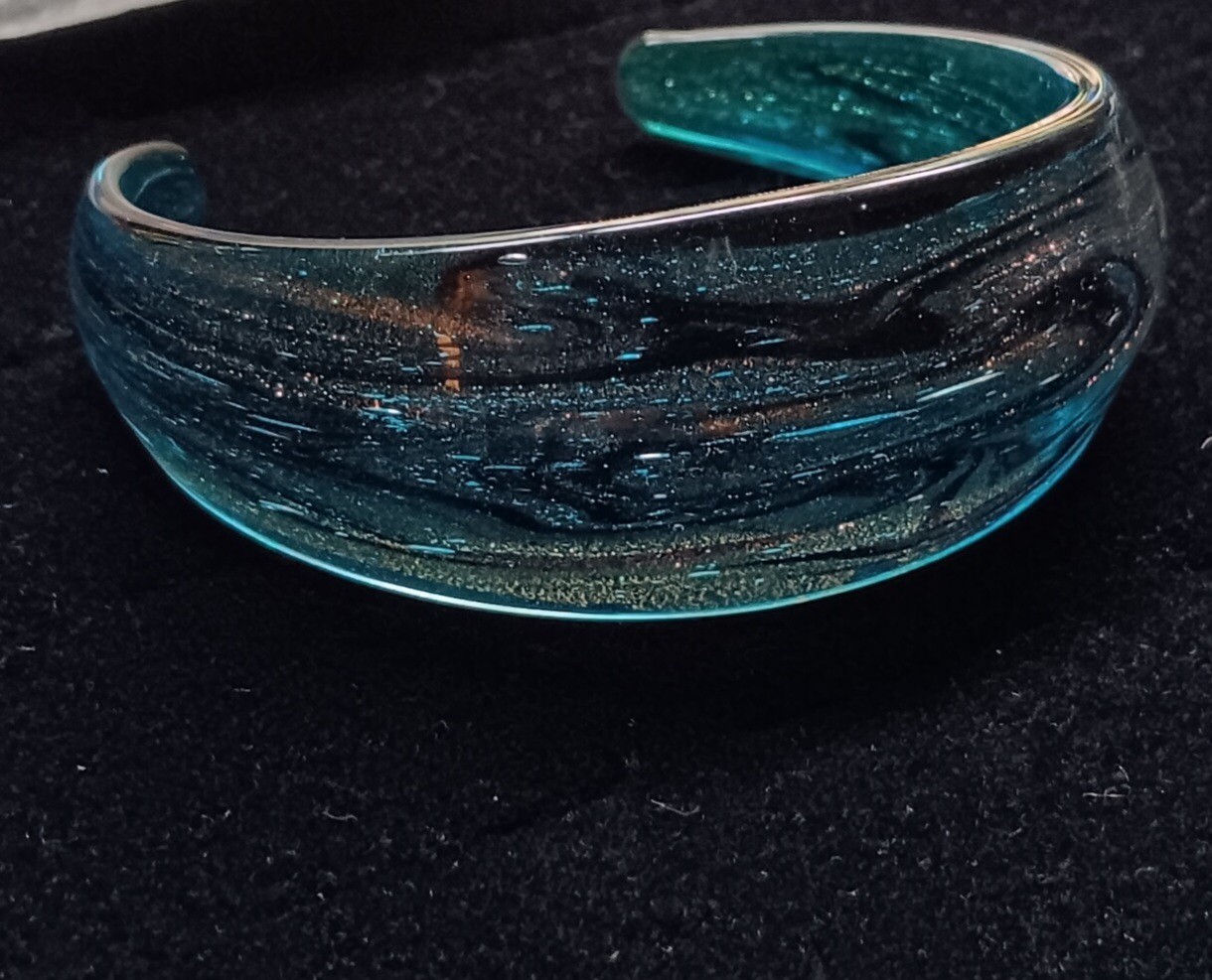 Art Glass Cuff Bracelet Murano 24k Gold Flecks Avventurina Venetian Cobalt Blue