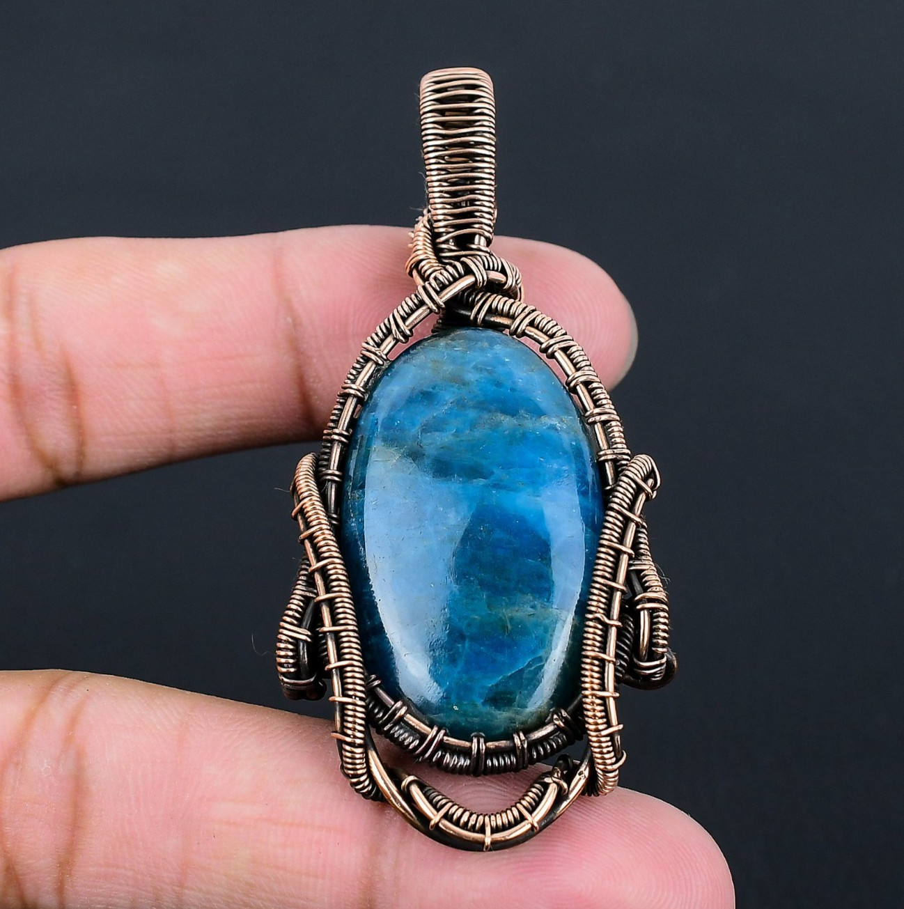 Neon Blue Apatite Handmade Gemstones Copper Wire Wrapped Pendant Jewelry