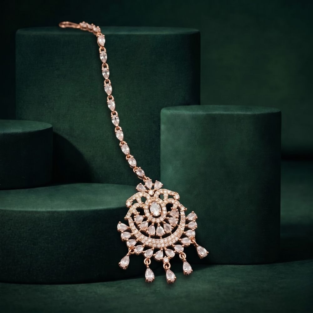 Rose Gold CZ Bridal Headpiece Maang Tikka Ethnic Jewelry for Women