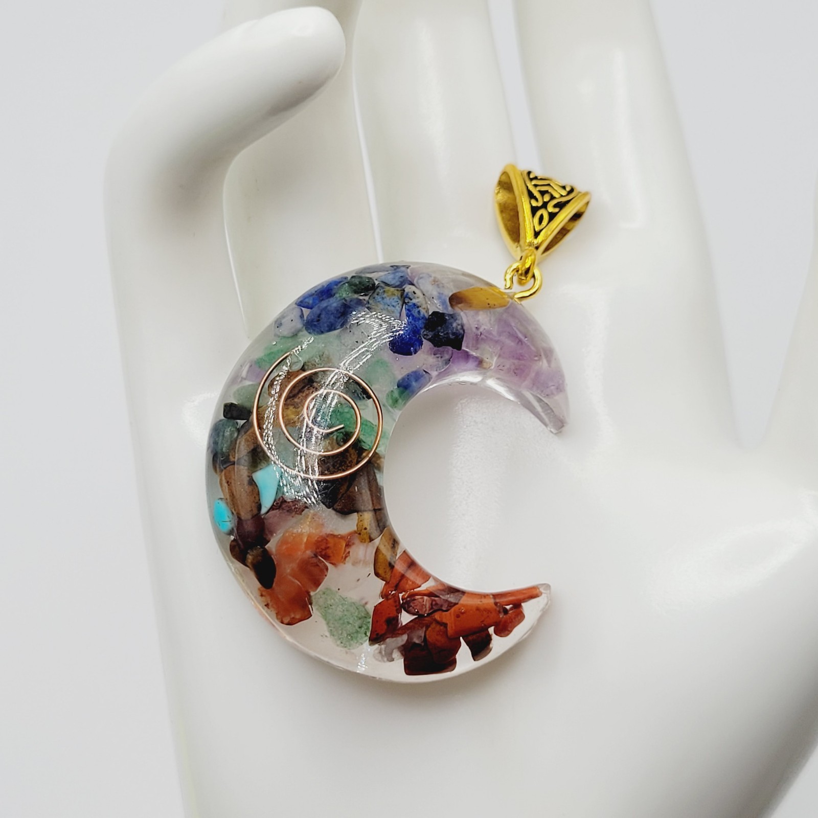 Crescent Moon Shape Orgone Chakra Crystal Chip Pendant Ornate Bail No Chain