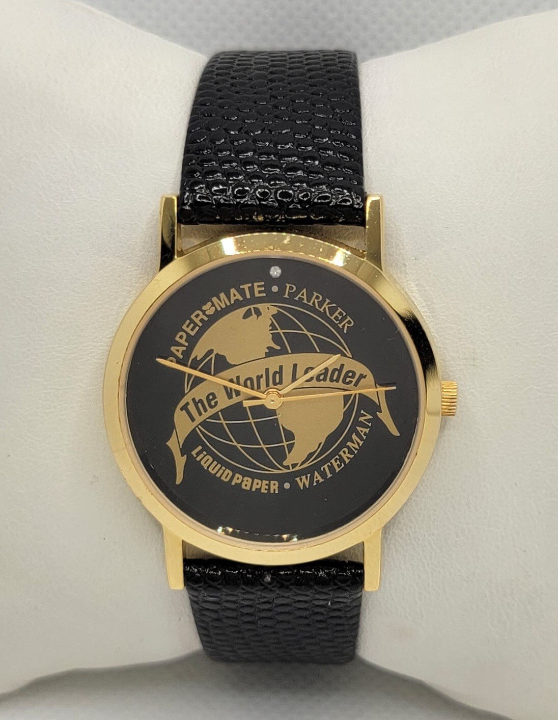 Vintage Mens Parker Advertising Round Dress Gold Tone Black Dial Analog Watch F6