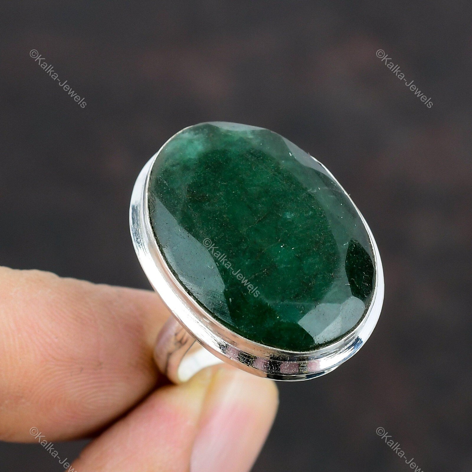 Natural Zambian Emrald Gemstone 925 Silver Solitaire Adjustable Ring For Women