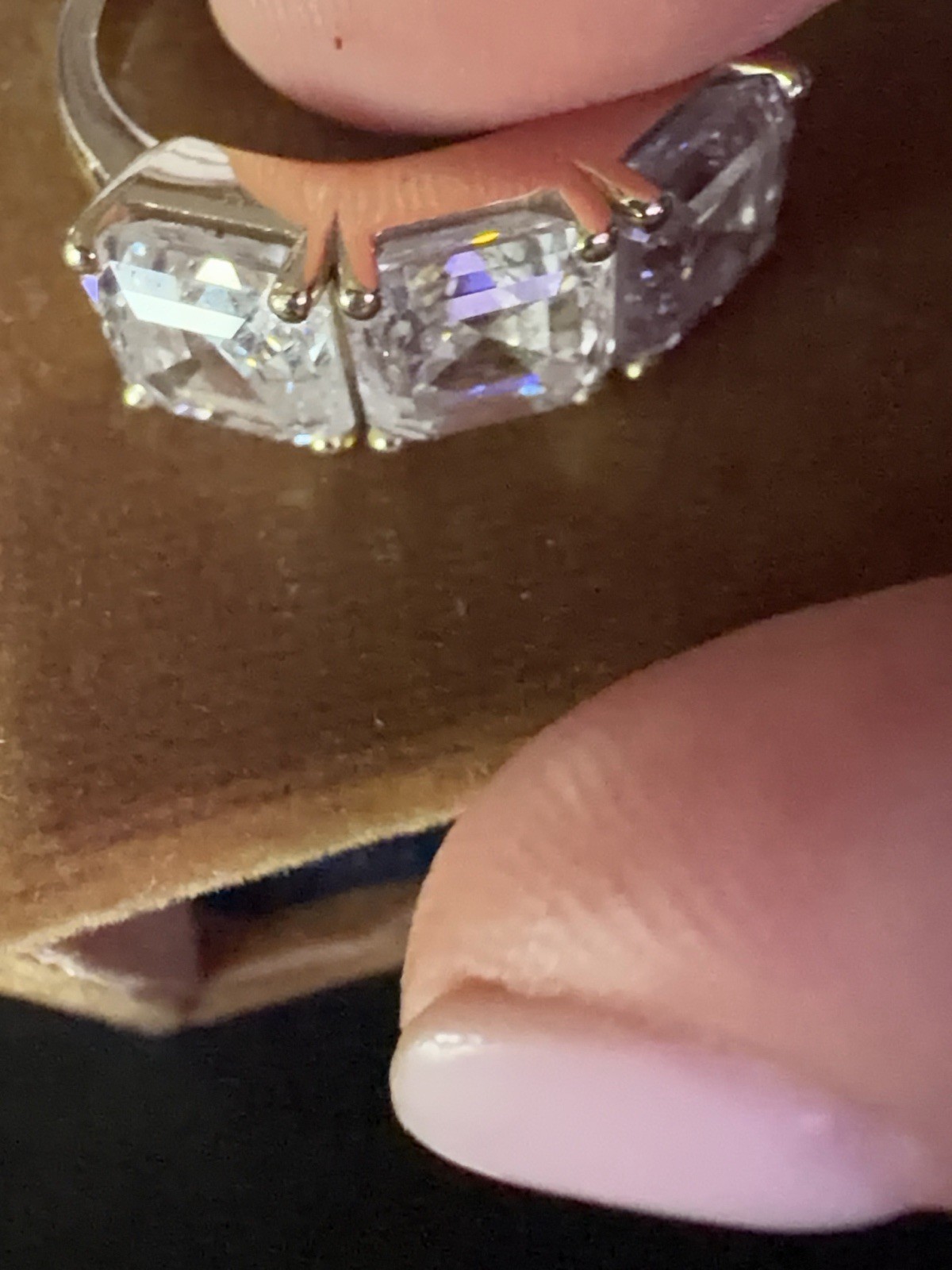 7.65 CTW 3 STONE LAB DIAMOND RING. 3 2.55ct E/VS1 SQUARE EMERALD CUT LAB DIAMOND