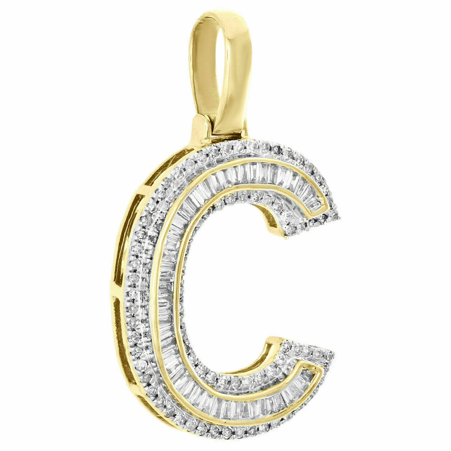 10K Yellow Gold Fn Baguette Diamond Letter C Mini Pendant Initial Charm 1.5 CT