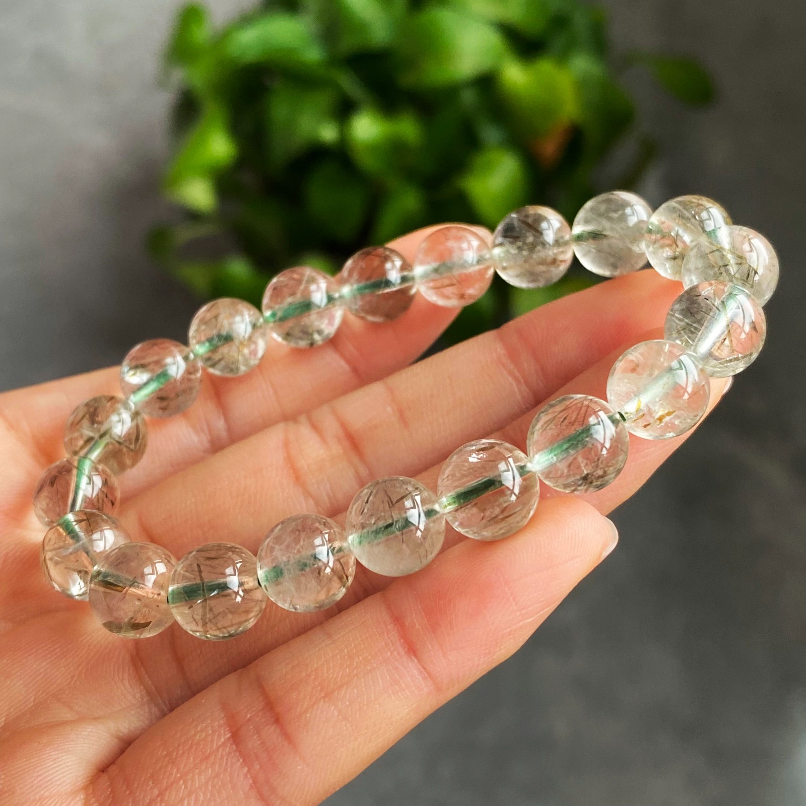 9.2mm Natural Green Tourmaline Rutilated Quartz Crystal Bracelet 3109