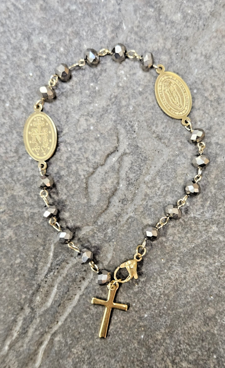 NIP Rosary Style Miraculous Medal Beaded Bracelet in Stainless Steel