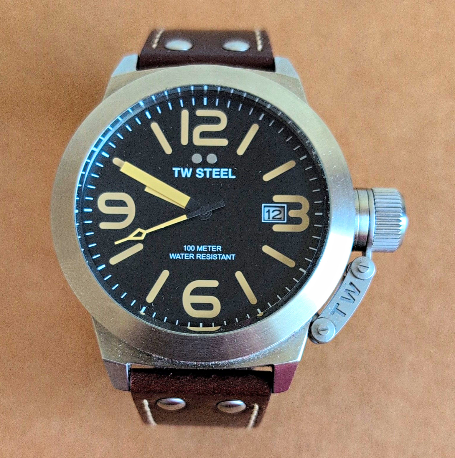 TW Steel Quartz Analog Watch Black Dial Brown Leather Strap [Needs New Battery}