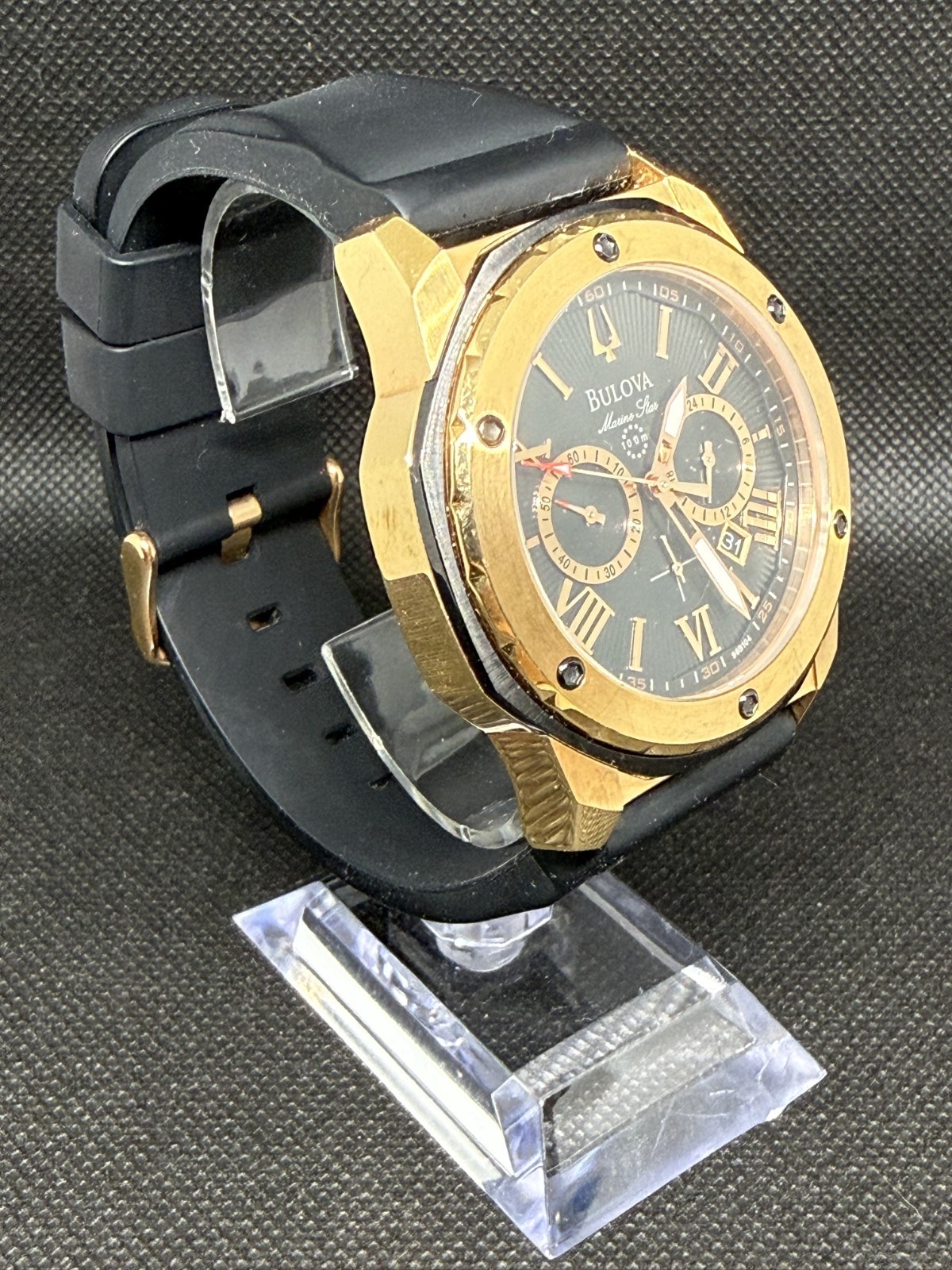 Bulova Marine Star 98B104 Mens Watch Gold Case Blk Rubber Strap 44mm Running