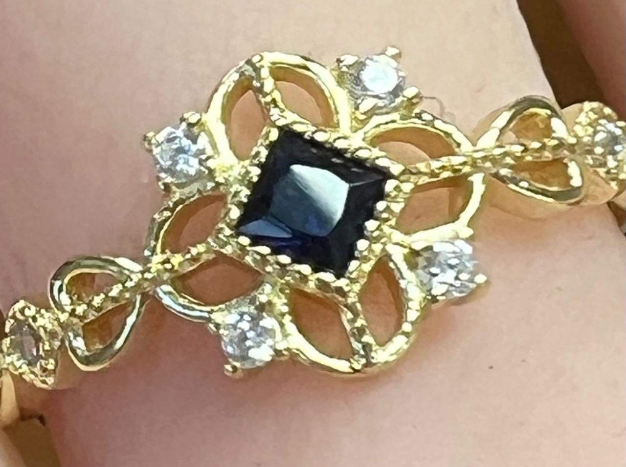 Real Blue Sapphire & Diamond 14K Y Gold on SOLID 925 Ring SZ 8 1/4 Victorian Rev