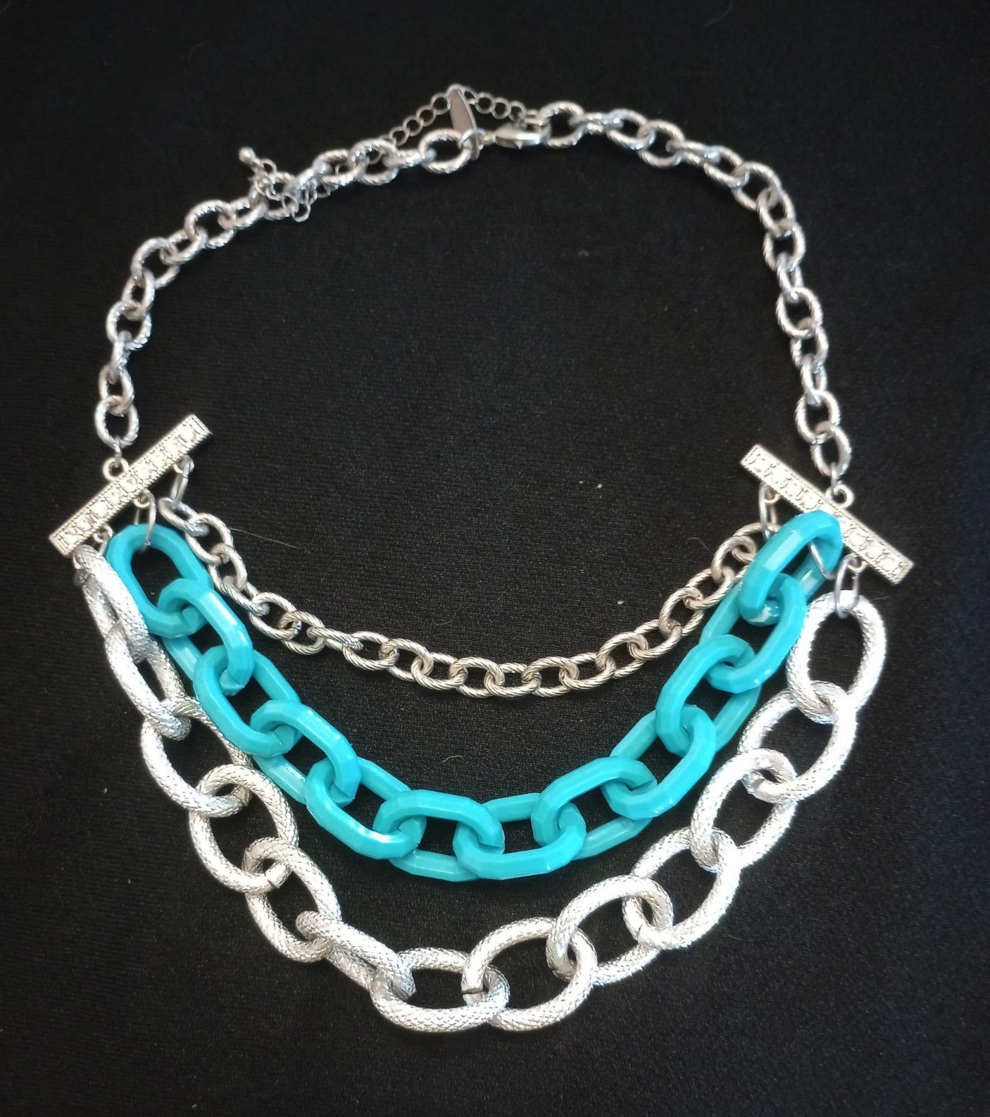 Silver Tone & Blue Layered Double Strand Chunky Link Chain Necklace, Lobster