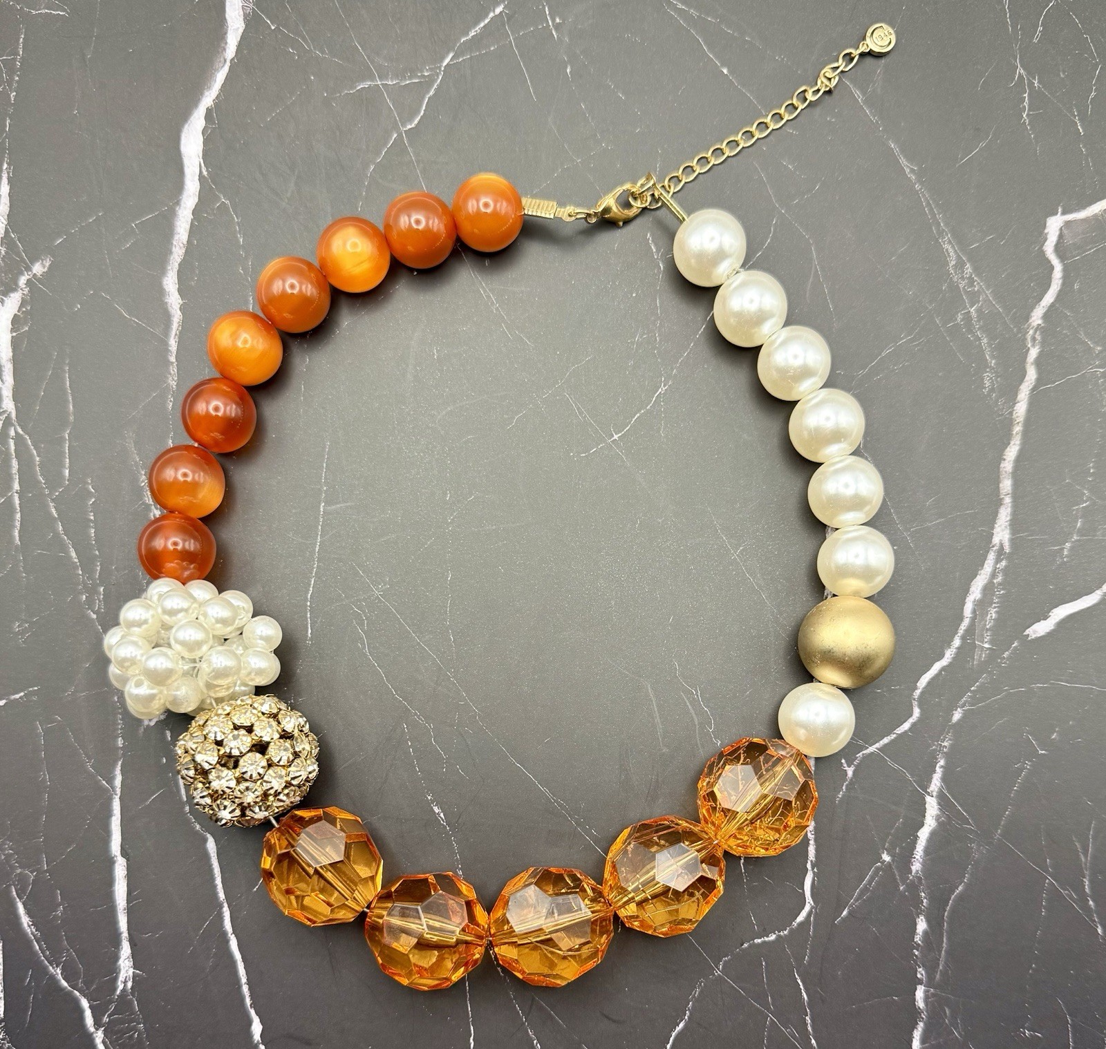 Chico’s Orange Pearl Crystal Pave Ball Chunky Statement Necklace C 1946 18-22″