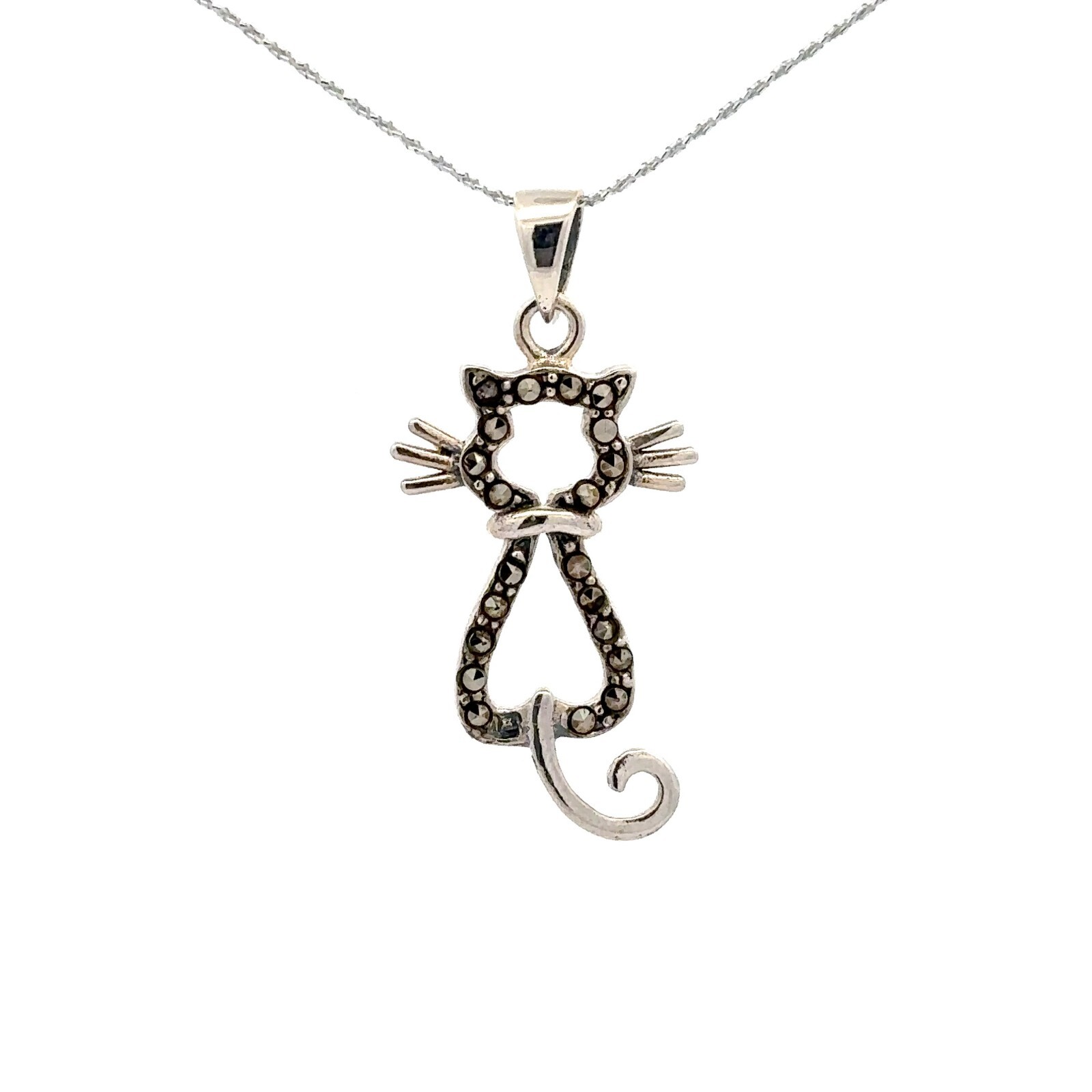 Sterling Silver Marcasite Cat Pendant (15 x 30 mm)