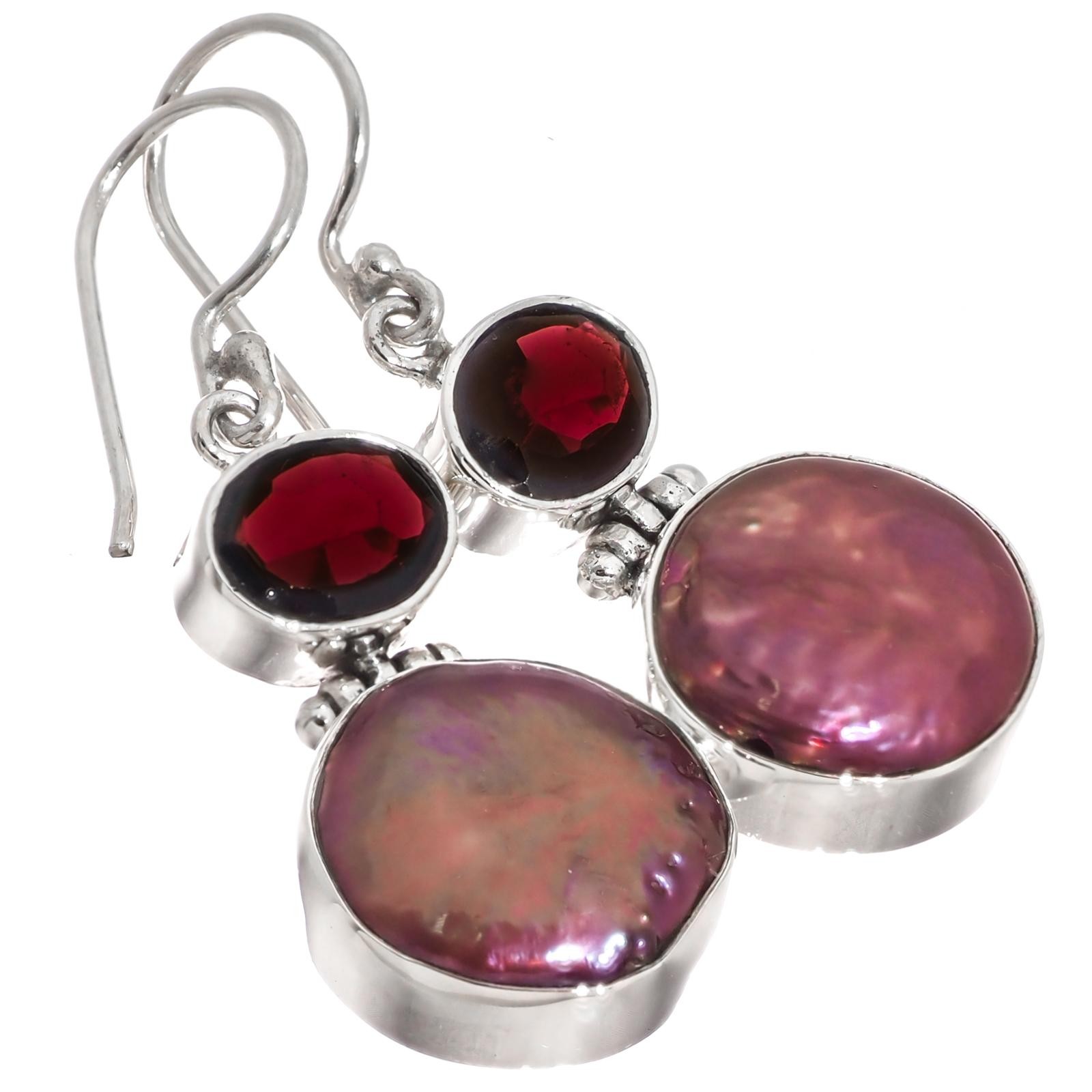 925 Silver Burgundy Freshwater Coin Pearl Red Garnet Sterling Earrings, 1″