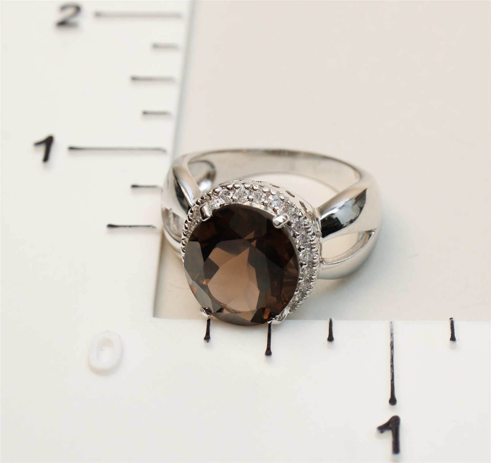 Size 8.75 Brown Smoky Quartz Cocktail CZ Halo Sterling Silver Ring