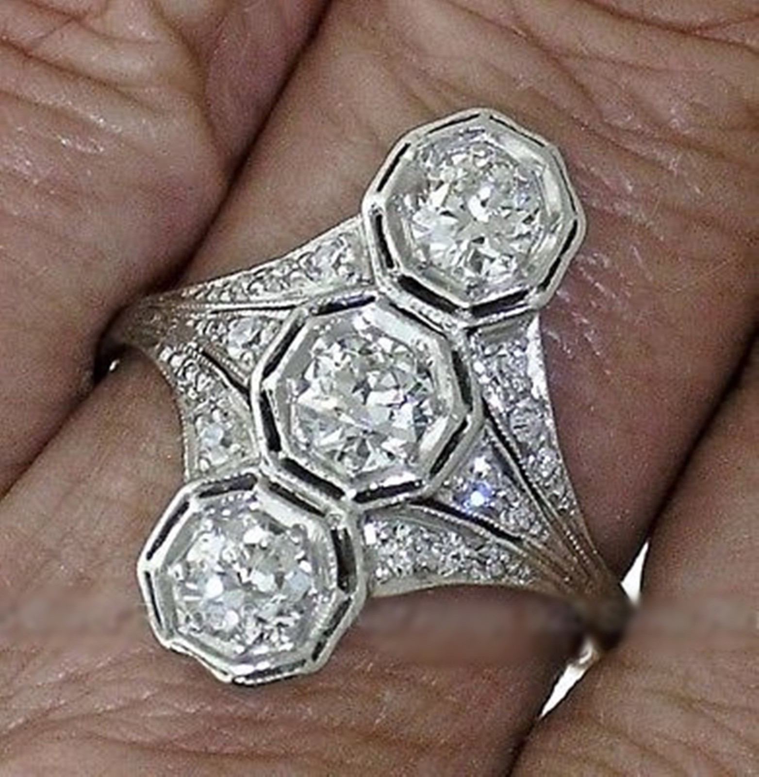 Old European Cut Lab Created Diamond 14K Gold Vintage Style Trilogy Dinner Ring