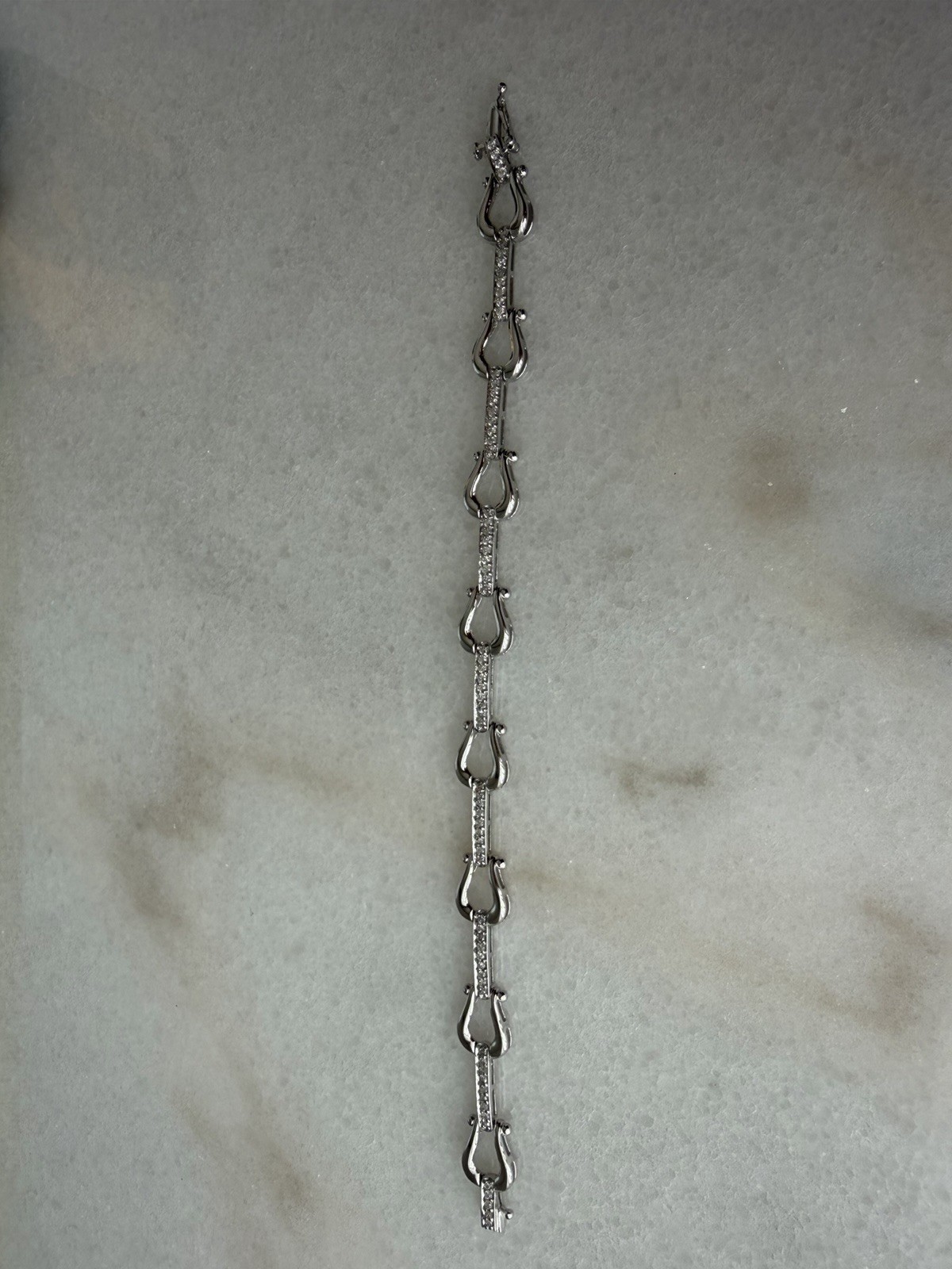 14K White Gold Link Chain Bracelet with Pavé Clear Crystals, Lobster Clasp 7 in