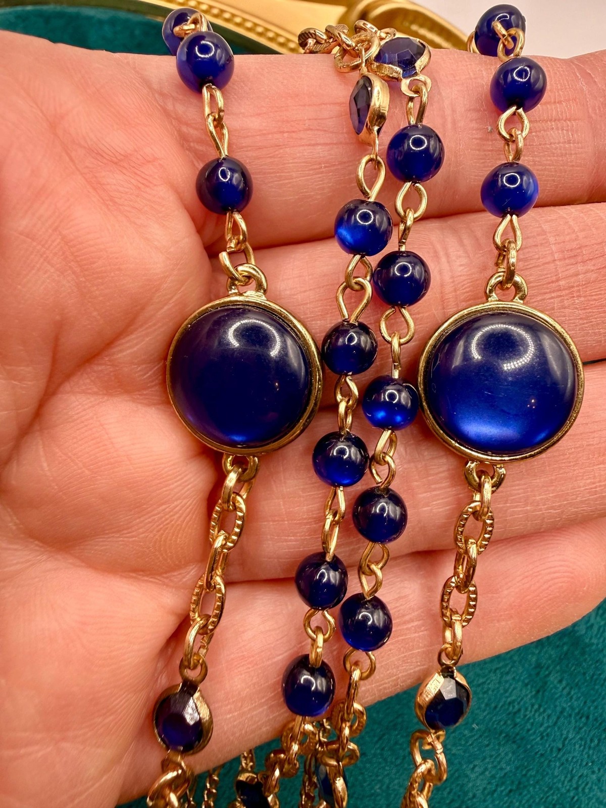 Cobalt Blue Glass Multi Strand Necklace, Gold Tone Layered Festoon Jewelry