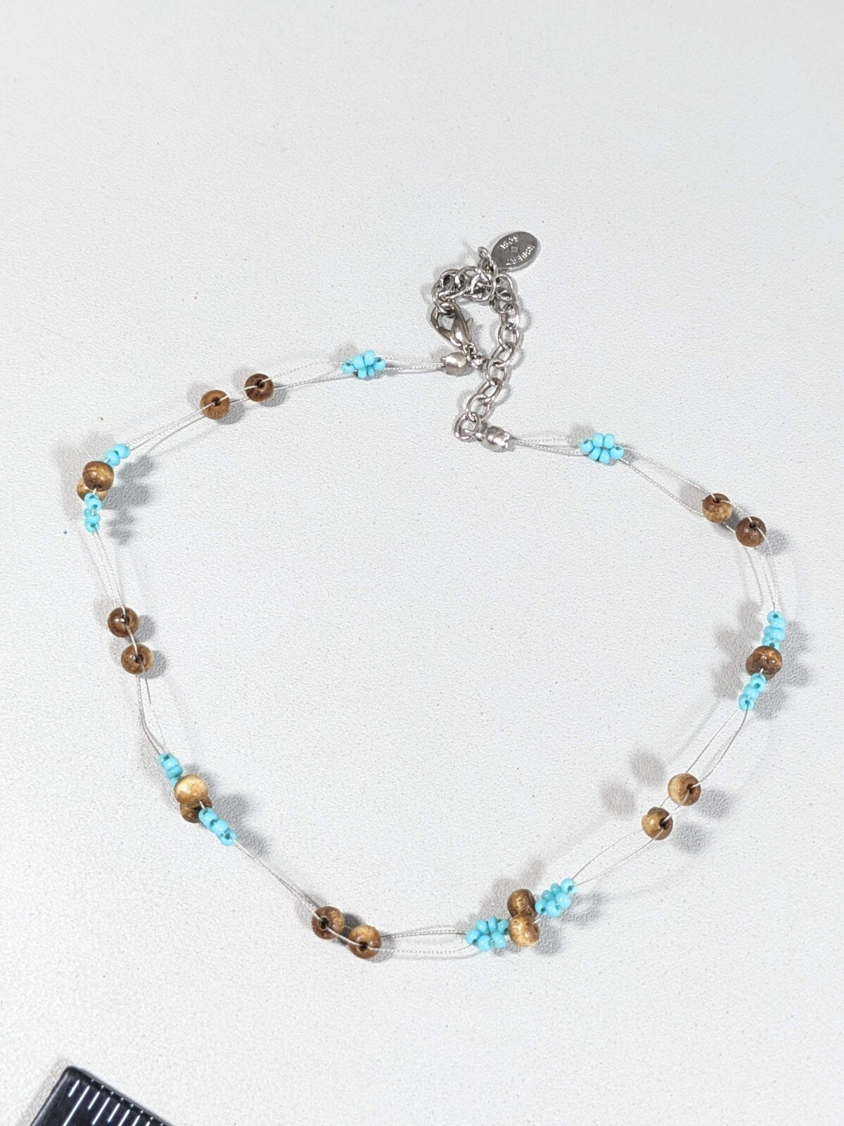 Robert Rose Silver Tone Brown Wood Green Blue Glass Bead Choker Necklace 15 inch