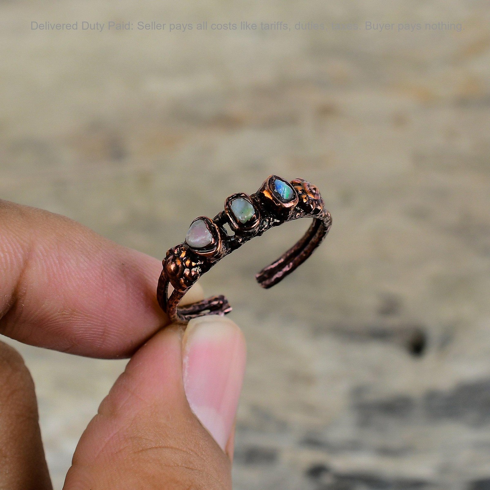 Ethiopian Opal Stone Copper Handcrafted Electroformed Stackable New Ring Jewelry