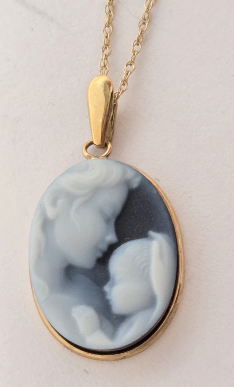 10k Gold Mother Child Blue Oval Cameo Pendant 18″ Necklace Heaven’s Gift Baby