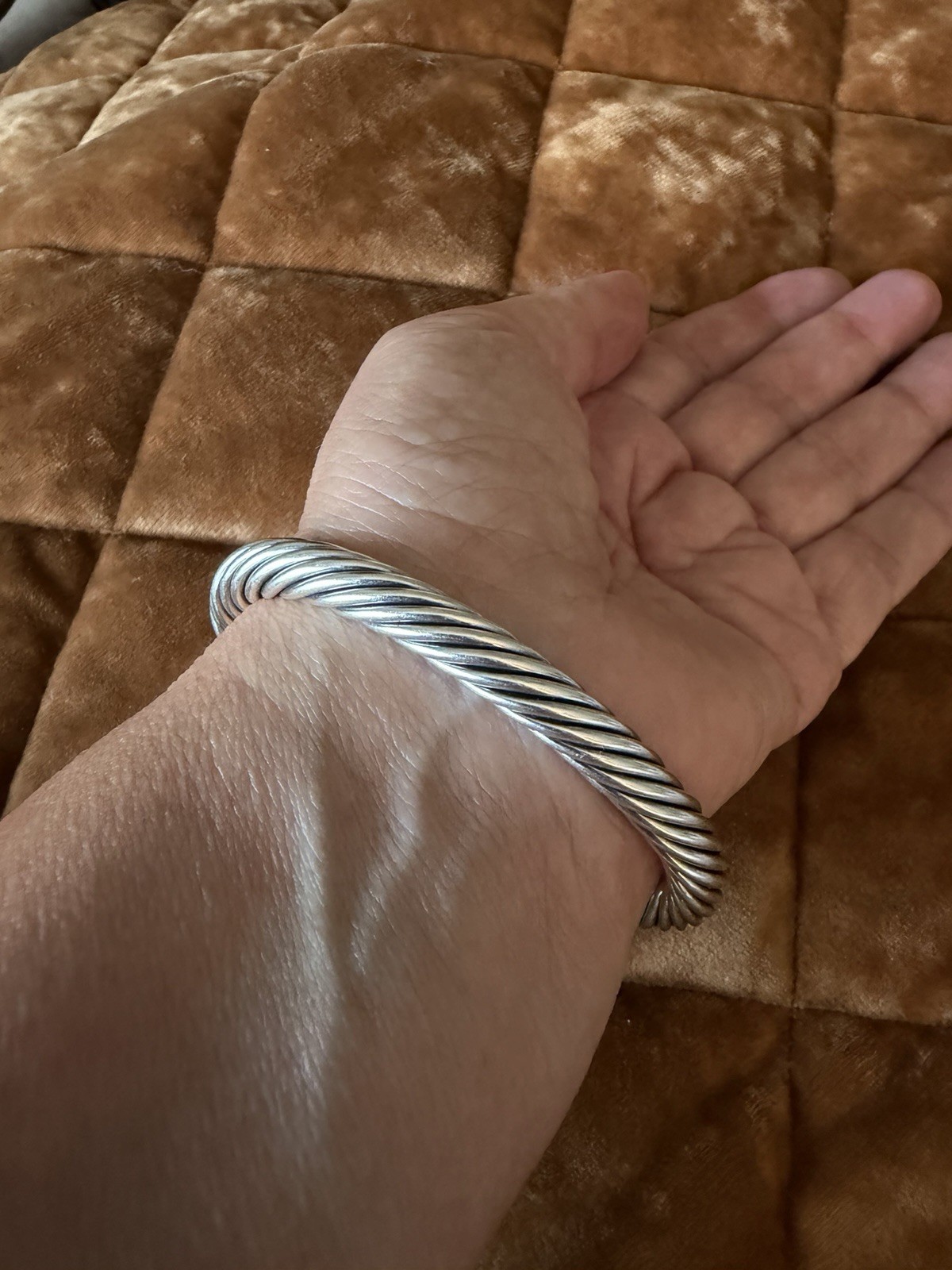 Silver Tone Rope Cable Open Cuff Bracelet with 2 Round White Pearl Ends