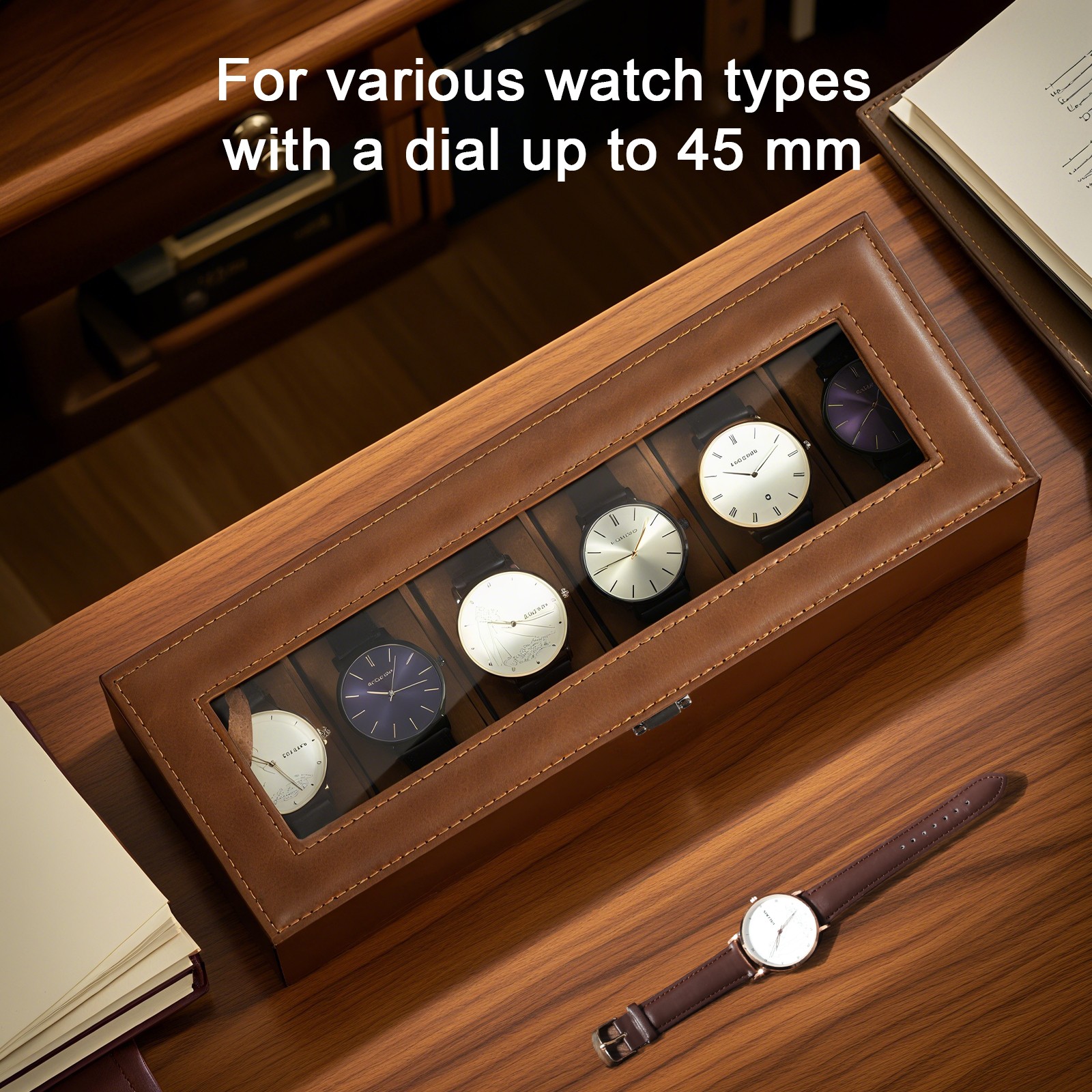 6 Slots Watch Box – PU Leather Case with Glass Lid, Display & Storage Organizer