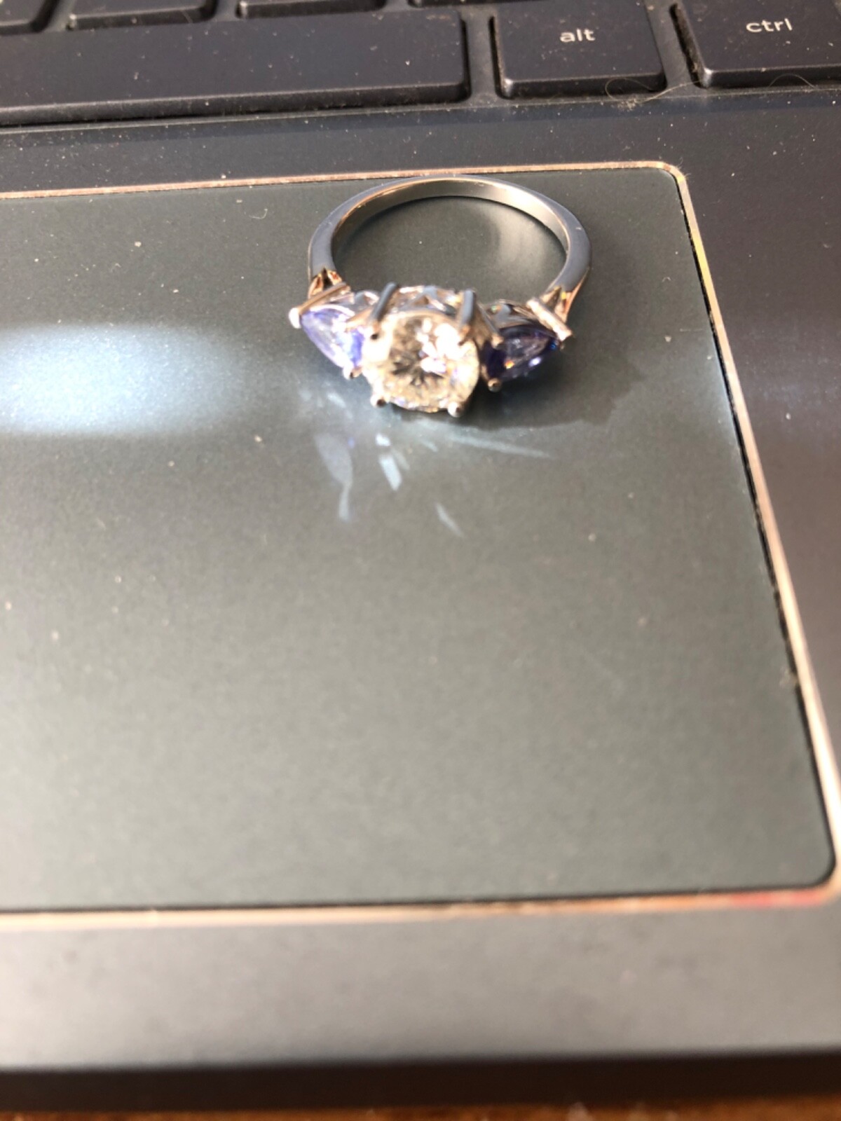 Moissanite Fire 1.90ct DEW Round & .78ctw Pear Shape Tanzanite Ring sz 8 JTV