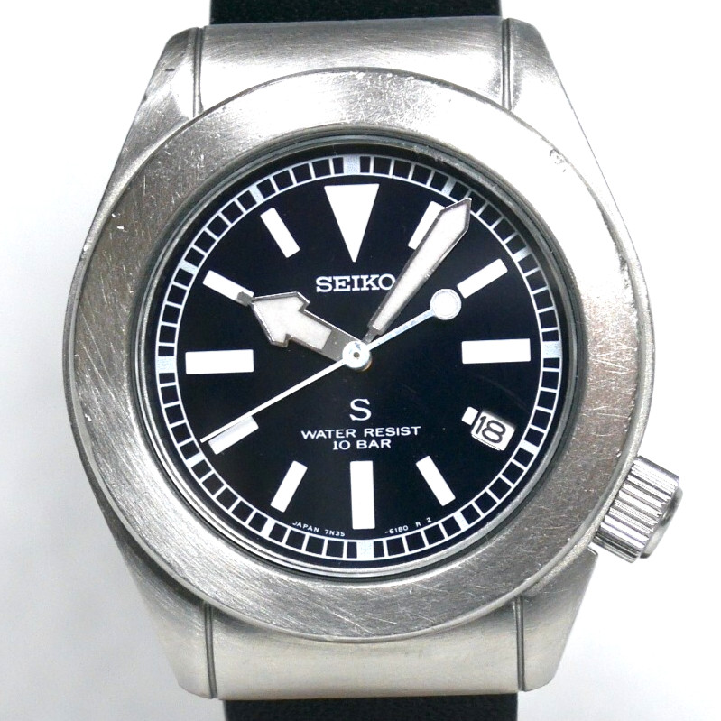 SEIKO SUS Military Watch 7N35-6150 1996 Black Dial Luminous Leather Band Japan
