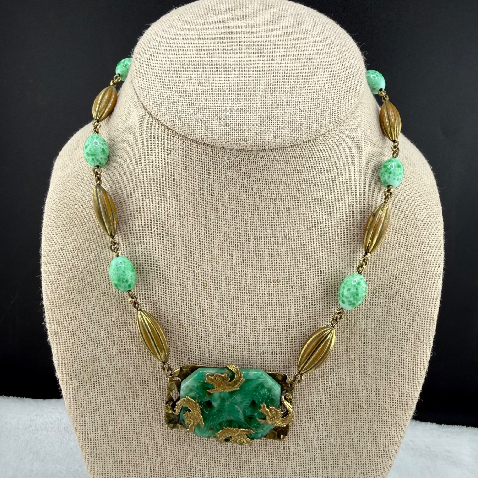 Vintage Polished Stone Dragon Necklace Gold Tone Asian 17”