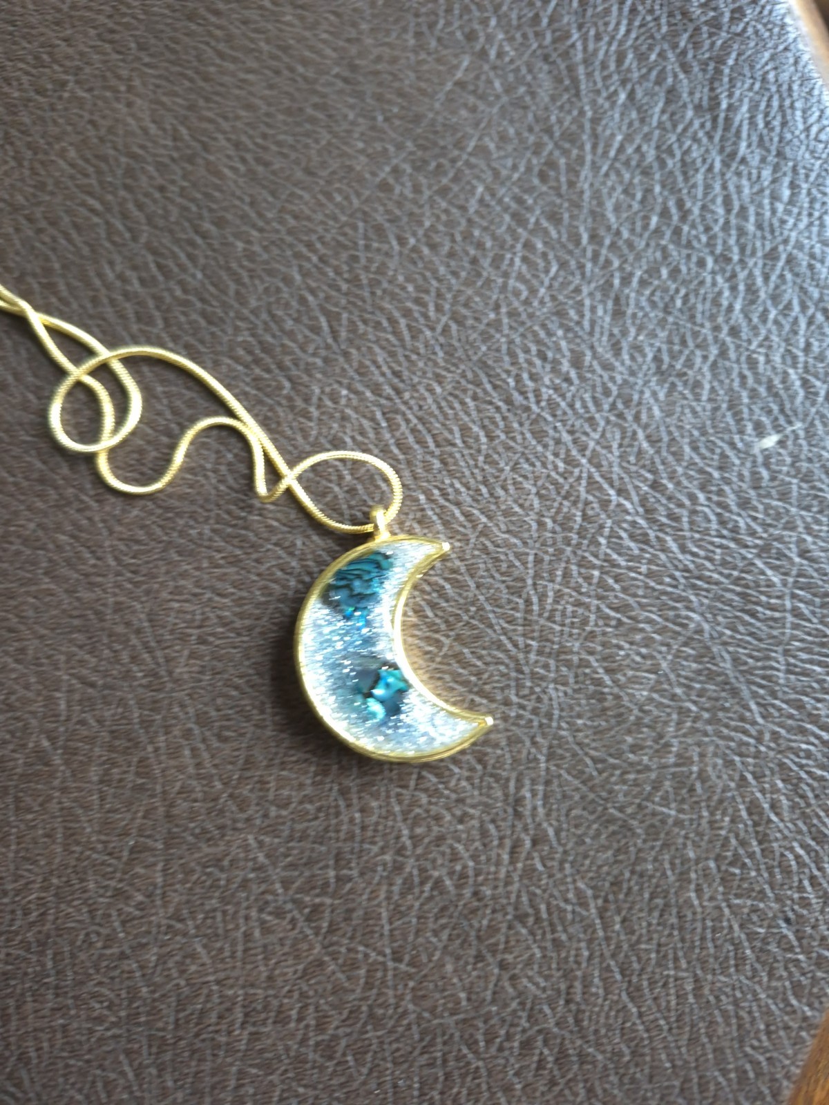 Abalone Blue, Green, Gold Color,Handmade Half Moon Resin Art. 20″ Snake Chain.