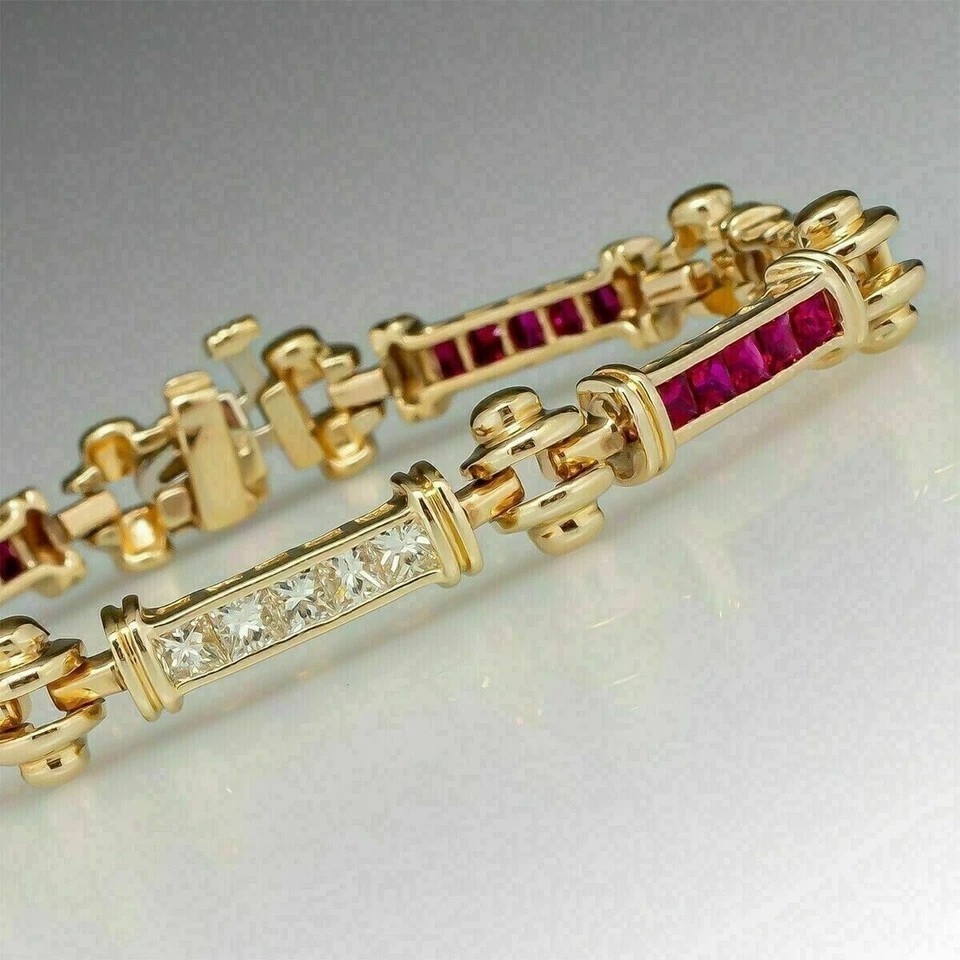 7.69Ct Princess Cut Simulated Ruby Unique Tennis Bracelet 14K Yellow Gold Plated