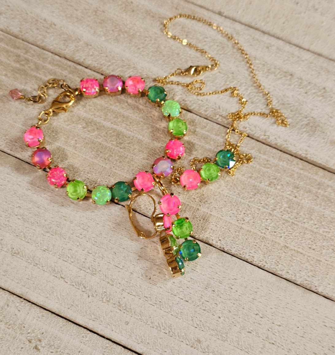 B1-22 Watermelon Mojito Pink Lime Crystal Earrings Cup chain 3pc Jewelry Set
